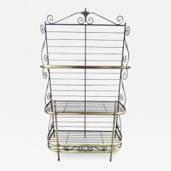 Hollywood Regency Bakers Rack or Shelf Three Tier Wrought Iron and Brass - 3188847