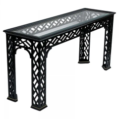 Hollywood Regency Black Brass Glass Chinoiserie Console Table or Sofa Table - 2824297