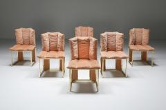 Hollywood Regency Brass Pink Dining Chairs Set 1970s - 2210997