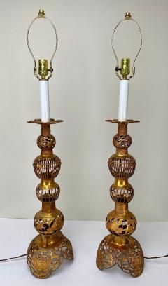 Hollywood Regency Chinese Style Bronze Filigree Design Tiered Table Lamp a Pair - 3403420