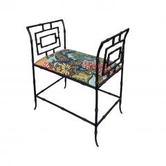 Hollywood Regency Faux Bamboo Metal Bench W Schumacher Chiang Mai Dragon - 4615692