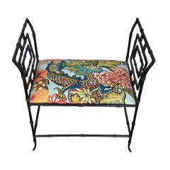 Hollywood Regency Faux Bamboo Metal Bench W Schumacher Chiang Mai Dragon - 4615693