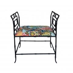 Hollywood Regency Faux Bamboo Metal Bench W Schumacher Chiang Mai Dragon - 4615695