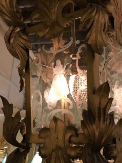 Hollywood Regency Gilt Metal Etched Glass Hanging Lantern - 3002254