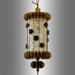 Hollywood Regency Lantern Chandelier Pendants Etched Glass Brass Italy 1960s - 3925677