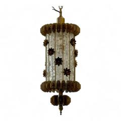 Hollywood Regency Lantern Chandelier Pendants Etched Glass Brass Italy 1960s - 3925679