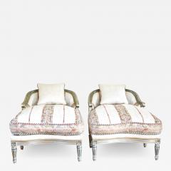 Hollywood Regency Louis XVI Chaise Lounges French Painted and Parcel Gilt Silver - 2975121