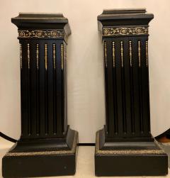 Hollywood Regency Neoclassical Ebony Pedestals Bronze Mounted Marble Tops Pair - 2974333