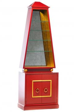 Hollywood Regency Obelisk Cabinet Finished in Red Lacquer Gold Leaf circa 1960 - 2992378