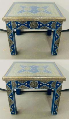 Hollywood Regency Style Moroccan Brass Blue Rectangular Side or End Table Pair - 2866081