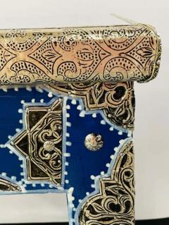 Hollywood Regency Style Moroccan Brass Blue Rectangular Side or End Table Pair - 2866092