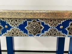 Hollywood Regency Style Moroccan Brass Blue Rectangular Side or End Table Pair - 2866165