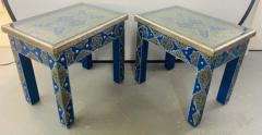 Hollywood Regency Style Moroccan Brass Blue Rectangular Side or End Table Pair - 2866173