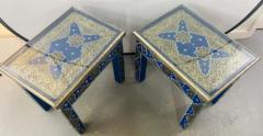 Hollywood Regency Style Moroccan Brass Blue Rectangular Side or End Table Pair - 2866230