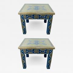 Hollywood Regency Style Moroccan Brass Blue Rectangular Side or End Table Pair - 2890775