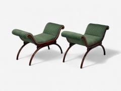 Hollywood Regency Style Stained Wood Green Fabric Benches USA 1980s - 4283195