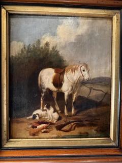 Horse Dogs 19th Century Painting oil on canvas  - 3897684