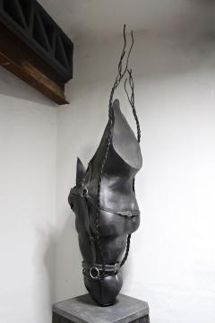 Horse Head Metal Sculpture by G F ssl Handforged On Charred Oak Base AT 2017 - 4739584