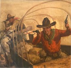 Howard Livingston Hastings GREAT COWBOYS WITH GUNS IN COVERED WAGON PAINTING BY HOWARD L HASTINGS - 2187321