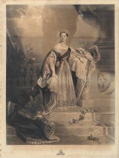 Huge Antique Queen Victoria Coronation Engraving Print in Royal Crown Frame - 4762811