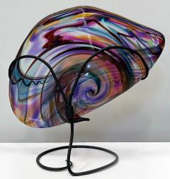 Huge David Goldhagen Studio Blown Art Glass Vessel Custom Iron Stand American - 4522992