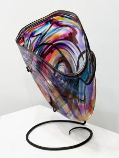Huge David Goldhagen Studio Blown Art Glass Vessel Custom Iron Stand American - 4523017