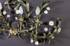 Huge Italian Tole Leaves Wall Light with Colorful Porcelain Flowers 1970 - 1561805
