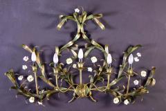 Huge Italian Tole Leaves Wall Light with Colorful Porcelain Flowers 1970 - 1561815