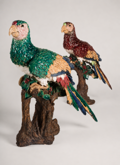 Hugo Lonitz Rare Pair of Majolica Parrots late 19th c  - 4607612