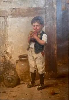 Hugo Oehmichen Antique Oil Painting of a Little Boy the Apple Thief by Hugo Oehmichen - 3992496