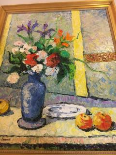 Hugues Claude Pissarro Oil on Canvas Painting Le Bouquet Au Vase Bleu - 2952691