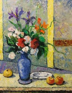 Hugues Claude Pissarro Oil on Canvas Painting Le Bouquet Au Vase Bleu - 2952722