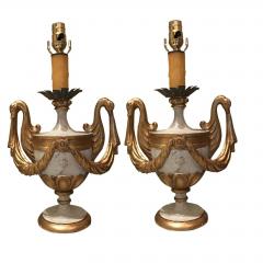 ITALIAN HAND CARVED WOOD POLY CHROME URN LAMP BASES FEATURING GILDED SWAN - 797598