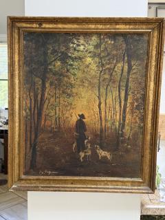 ITALIAN HUNTER IN FOREST WITH THREE DOGS OIL PAINTING ON CANVAS - 4271260