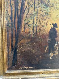ITALIAN HUNTER IN FOREST WITH THREE DOGS OIL PAINTING ON CANVAS - 4271263