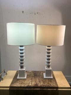 ITALIAN MODERN PAIR OF CARRERA MARBLE DISC AND CHROME LAMPS - 4138994