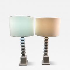 ITALIAN MODERN PAIR OF CARRERA MARBLE DISC AND CHROME LAMPS - 4139967