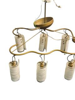ITALIAN POST MODERN GOLDTONE METAL CHANDELIER WITH SIX MURANO GLASS SHADES - 4562795