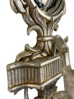 ITALIAN SILVER LEAF NEOCLASSICAL CARVED WOOD TWO LIGHT CONVEX MIRROR SCONCES - 4410272