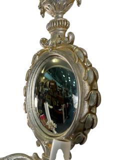 ITALIAN SILVER LEAF NEOCLASSICAL CARVED WOOD TWO LIGHT CONVEX MIRROR SCONCES - 4410274