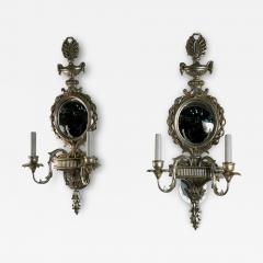 ITALIAN SILVER LEAF NEOCLASSICAL CARVED WOOD TWO LIGHT CONVEX MIRROR SCONCES - 4412712