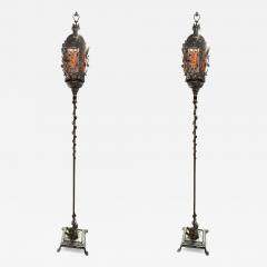 ITALIAN SILVERED BRONZE GONDOLA LANTERN MICA PANELS DOLPHIN BASE FLOOR LAMPS - 4485220