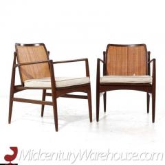 Ib Kofod Larsen Kofod Larsen for Selig Mid Century Walnut and Cane Lounge Chairs Pair - 3358842