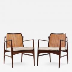 Ib Kofod Larsen Kofod Larsen for Selig Mid Century Walnut and Cane Lounge Chairs Pair - 3361028