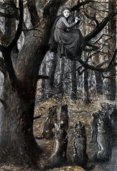 Ida Waugh Hungry Wolves Hunt a Women Up a Tree at Night Gay Female Illustrator 1890 - 3474910