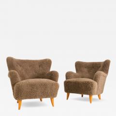 Ilmari Lappalainen Pair Of Ilmari Lappalainen Laila Armchairs Model 238 in Sheepskin Asko 1940s - 4597398