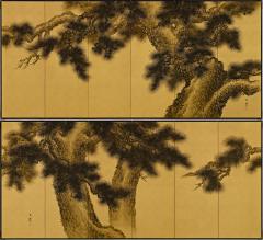 Imao Keisho Early 20th Century Japanese Screen Pair Ink Pine Trees on Gold - 4478540