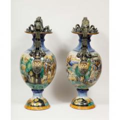 Imposing Pair of Large Antique Italian Majolica Snake Handled Vases - 1174704