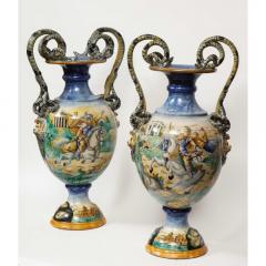 Imposing Pair of Large Antique Italian Majolica Snake Handled Vases - 1174705