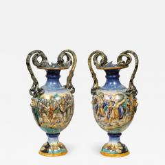 Imposing Pair of Large Antique Italian Majolica Snake Handled Vases - 1175237
